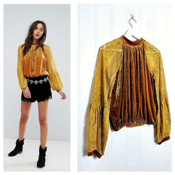 Free People Tops - Free People Dream Team Gold Velvet Lace Top Mock Neck Balloon Sleeve S Boho